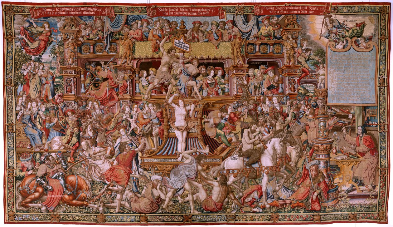 Tapiz flamenco. Serie Los Honores. Infamia (La Infamia). Sexto tapiz de la serie. Dibujantes modelo del círculo de Bernard van Orley y Jan Gossaert (Mabuse). Fabricación Pieter van Aelst, Bruselas. Ca 1550. Tejido Oro, plata, seda y lana. de Bernard van Orley