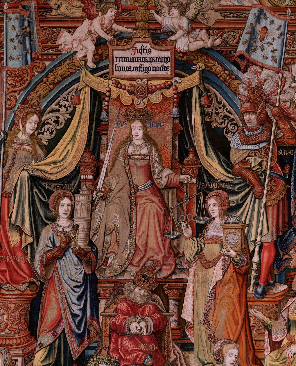 Tapiz flamenco. Serie Los Honores. Justicia (La Justicia, Los Honores). Noveno tapiz de la serie. Dibujantes modelo del círculo de Bernard van Orley y Jan Gossaert (Mabuse). Fabricación Pieter van Aelst, Bruselas. Ca 1550. Tela Oro, plata, de Bernard van Orley