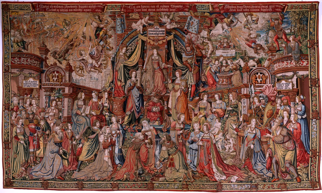 Tapiz flamenco. Serie Los Honores. Justicia (La Justicia, Los Honores). Noveno tapiz de la serie. Dibujantes modelo del círculo de Bernard van Orley y Jan Gossaert (Mabuse). Fabricación Pieter van Aelst, Bruselas. Ca 1550. Tela Oro, plata, de Bernard van Orley