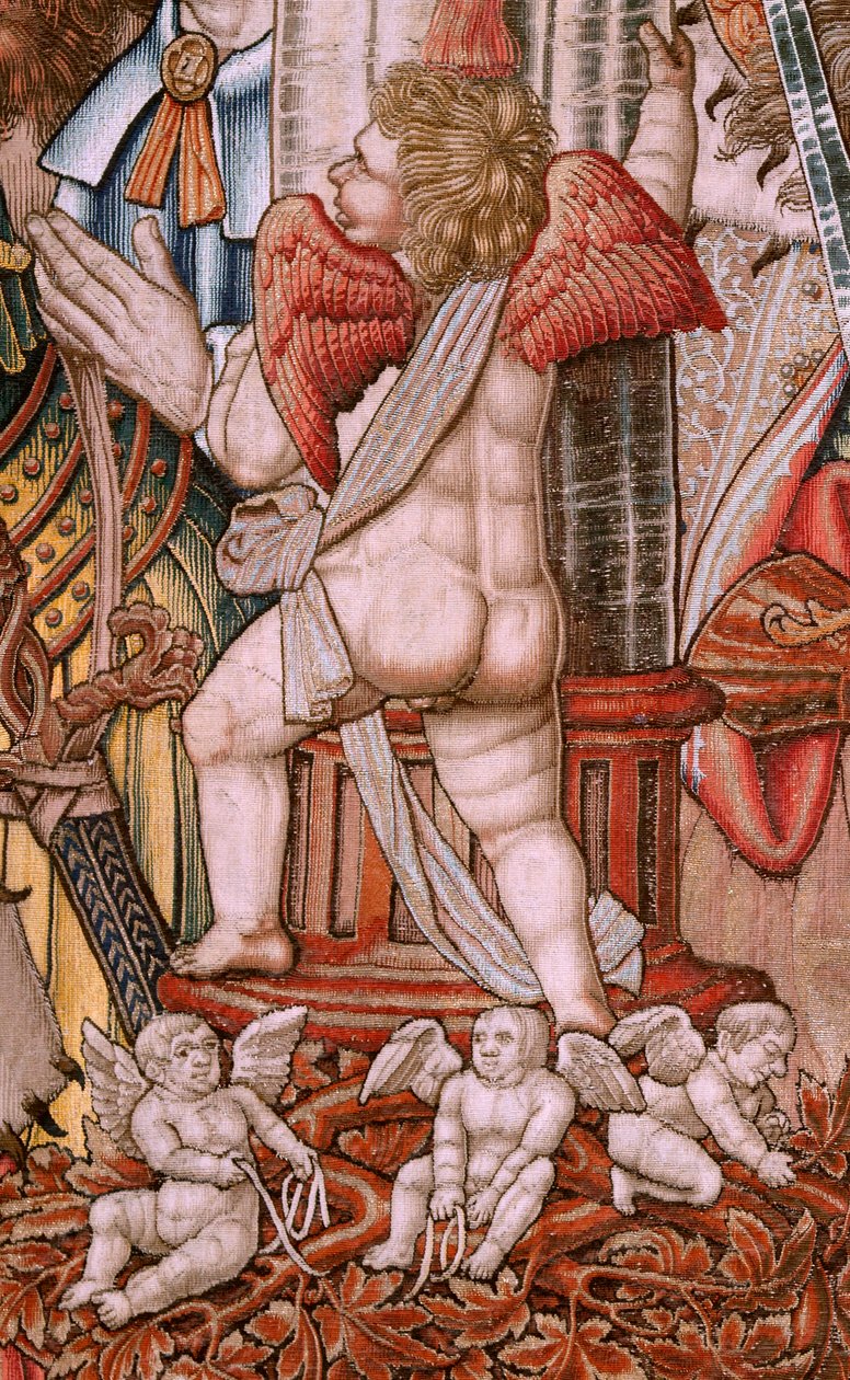 Tapiz flamenco. Serie Los Honores; Nobleza (La Nobleza). Cuarto tapiz de la serie. Dibujantes modelo del círculo de Bernard van Orley y Jan Gossaert (Mabuse). Fabricación Pieter van Aelst, Bruselas. Ca 1550. Tela Oro, plata, seda y woo de Bernard van Orley
