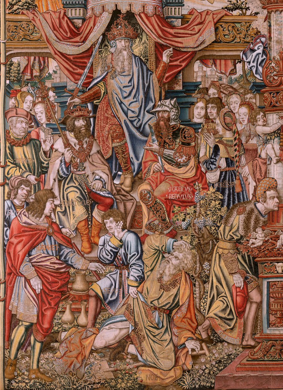 Tapiz flamenco. Serie Los Honores; Nobleza (La Nobleza). Cuarto tapiz de la serie. Dibujantes modelo del círculo de Bernard van Orley y Jan Gossaert (Mabuse). Fabricación Pieter van Aelst, Bruselas. Ca 1550. Tela Oro, plata, seda y woo de Bernard van Orley