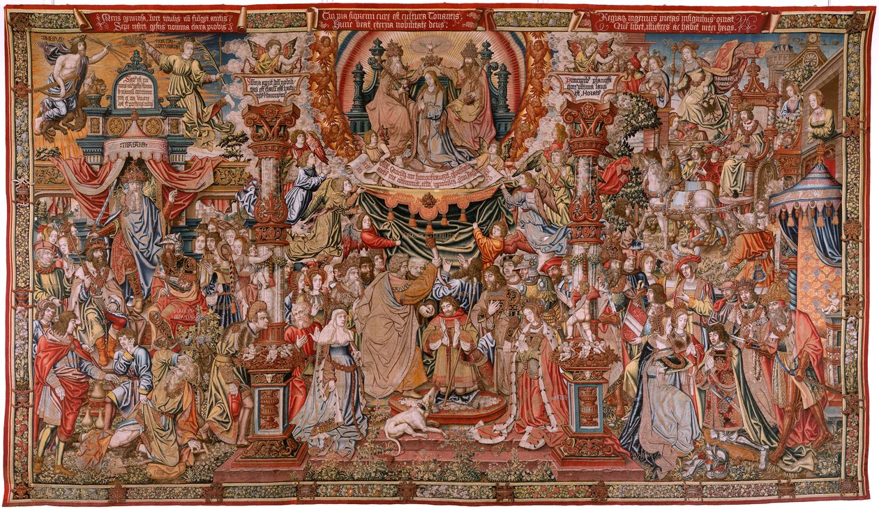 Tapiz flamenco. Serie Los Honores; Nobleza (La Nobleza). Cuarto tapiz de la serie. Dibujantes modelo del círculo de Bernard van Orley y Jan Gossaert (Mabuse). Fabricación Pieter van Aelst, Bruselas. Ca 1550. Tela Oro, plata, seda y woo de Bernard van Orley