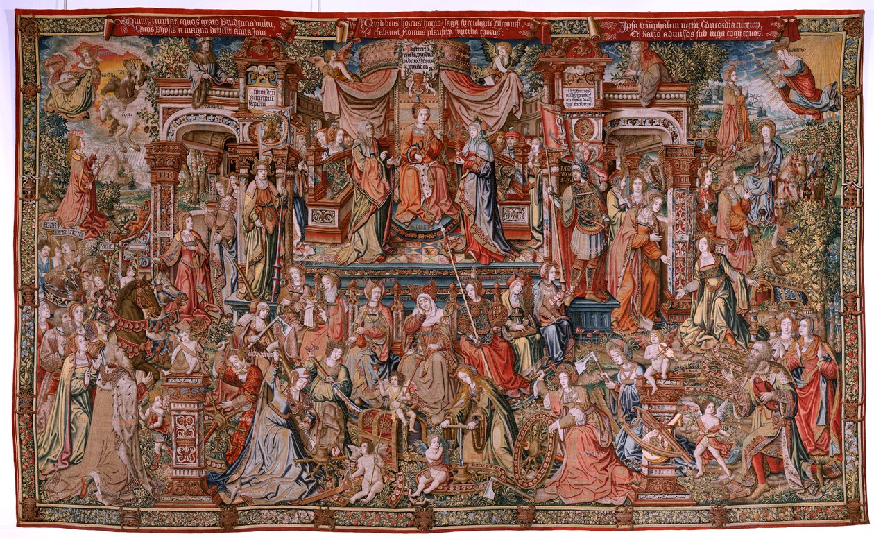 Tapiz flamenco. Serie Los Honores; Prudencia (La Prudencia). Séptimo tapiz de la serie. Dibujantes modelo del círculo de Bernard van Orley y Jan Gossaert (Mabuse). Fabricación Pieter van Aelst, Bruselas. Ca 1550. Tela de oro, plata, seda y w de Bernard van Orley