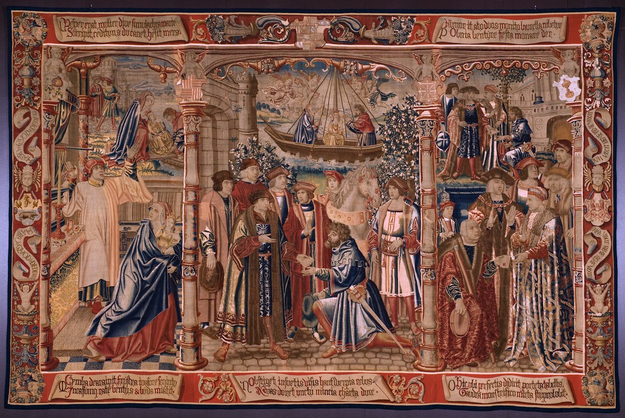 Tapiz flamenco. Serie La Leyenda de la Virgen del Sablon (La Leyenda de Nuestra Señora del Sablon). La estatua de la Virgen llega a la iglesia de Sablon (La estatua de Nuestra Señora es llevada a la iglesia de Sablon, La Estatua de de Bernard van Orley