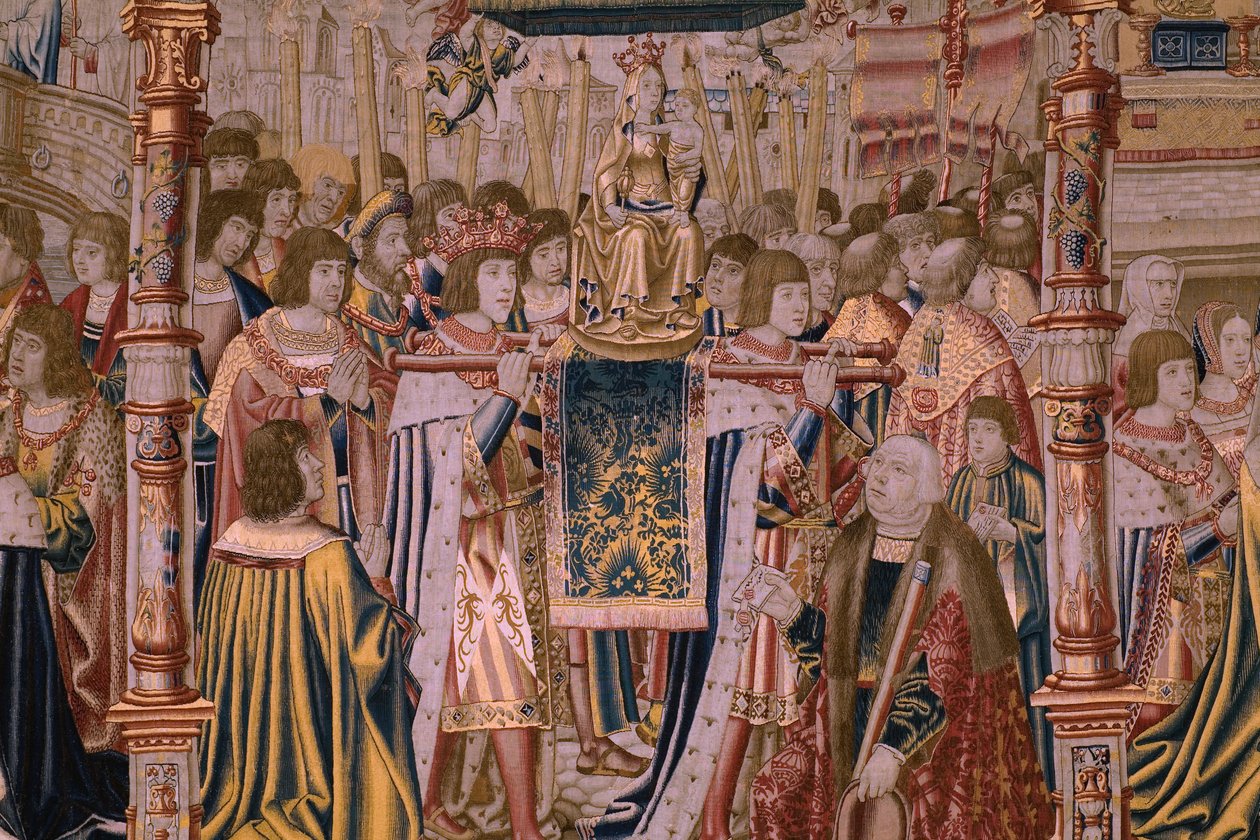 Tapiz flamenco. Serie La Leyenda de la Virgen del Sablon (La Leyenda de Nuestra Señora del Sablon). La llegada de la estatua de la Virgen. Manufactura de Bruselas. Dibujante Barend van Orley de Bernard van Orley