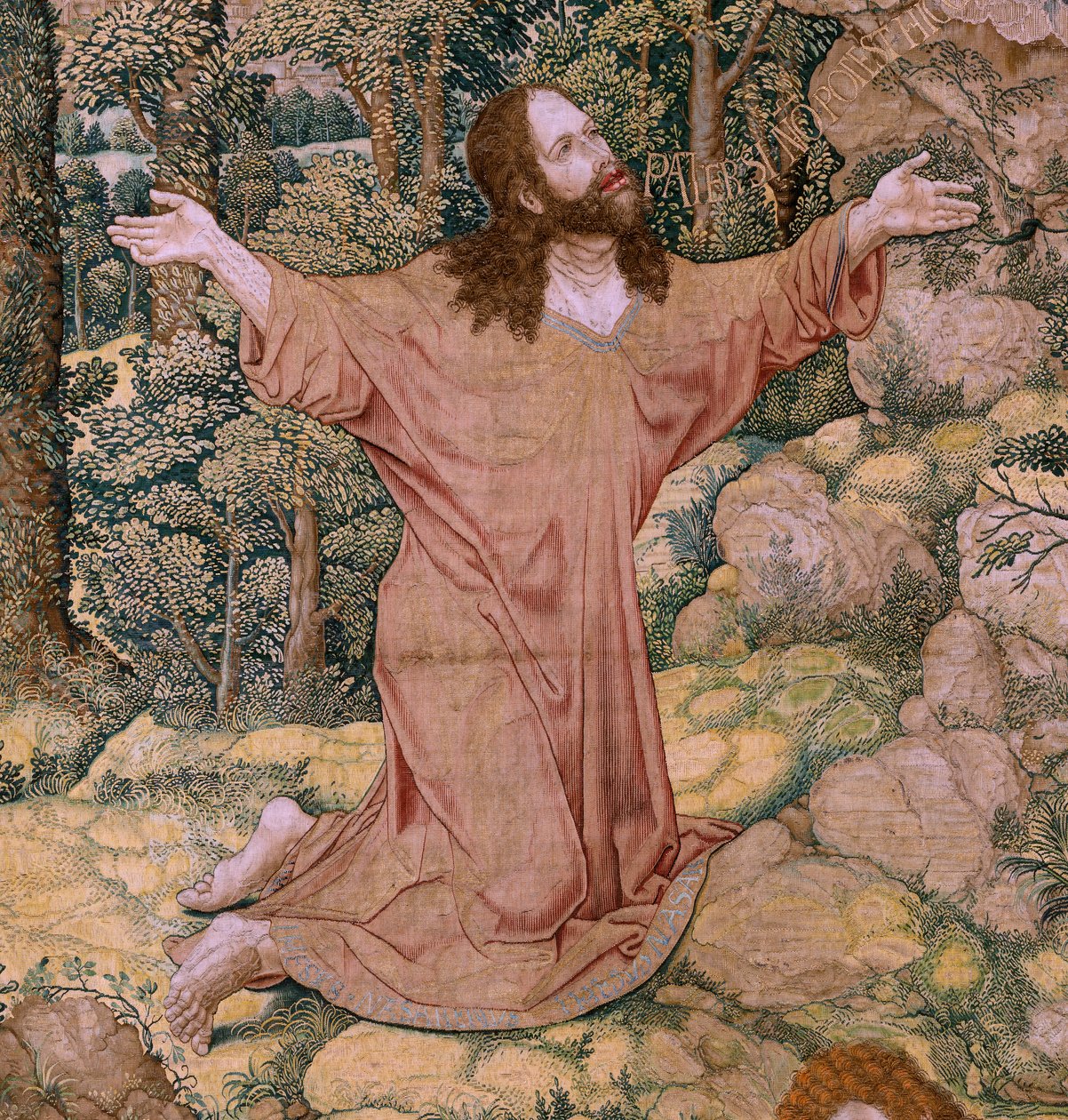 Tapiz flamenco. Serie La pasión de Cristo. Cristo en el Monte de los Olivos. Fabricación Pieter de Pannemaeker, Bruselas. El dibujante Barend van Orley. hacia 1518-1522. de Bernard van Orley