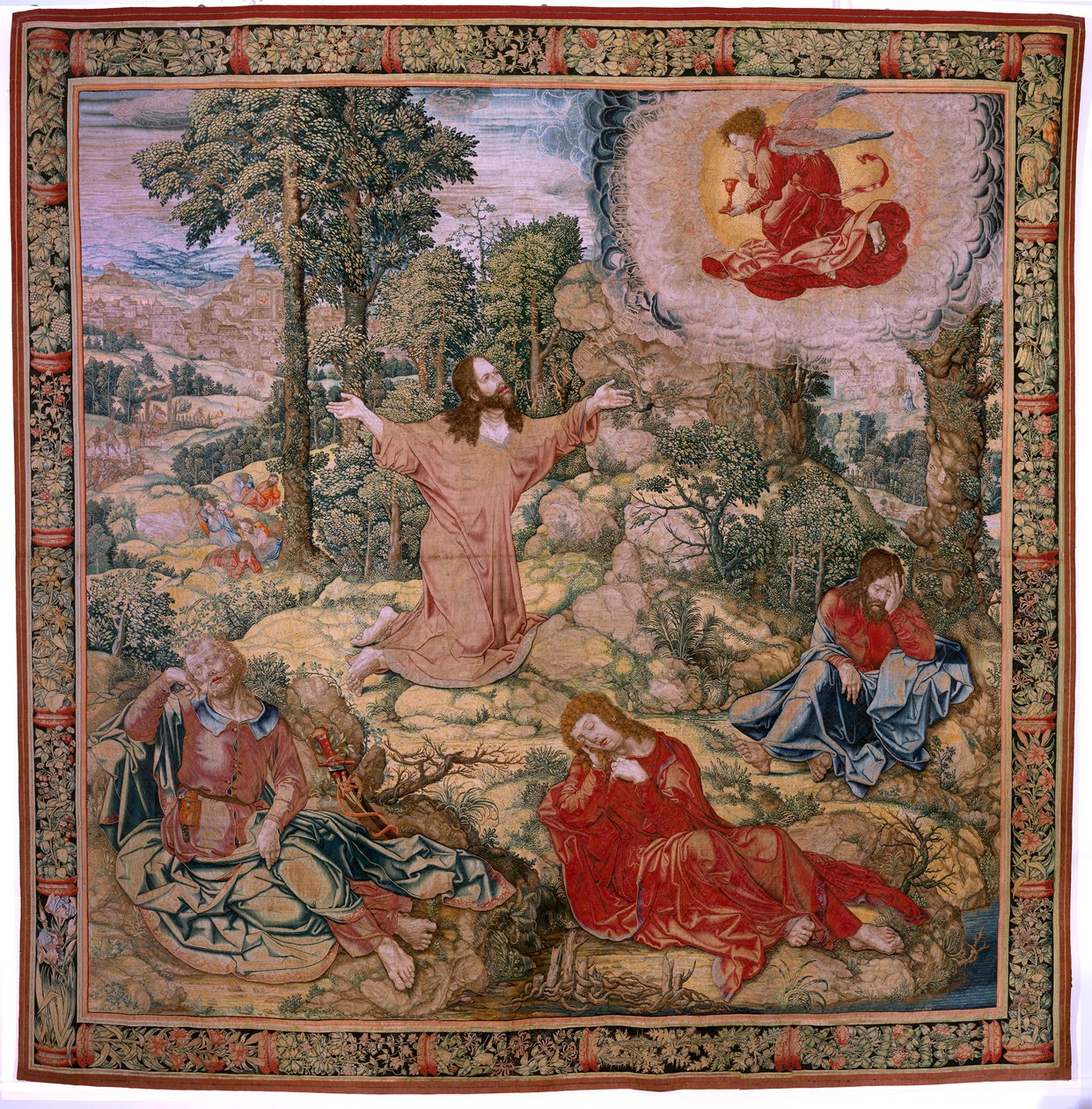 Tapiz flamenco. Serie La pasión de Cristo. Cristo en el Monte de los Olivos. Fabricación Pieter de Pannemaeker, Bruselas. El dibujante Barend van Orley. hacia 1518-1522. de Bernard van Orley