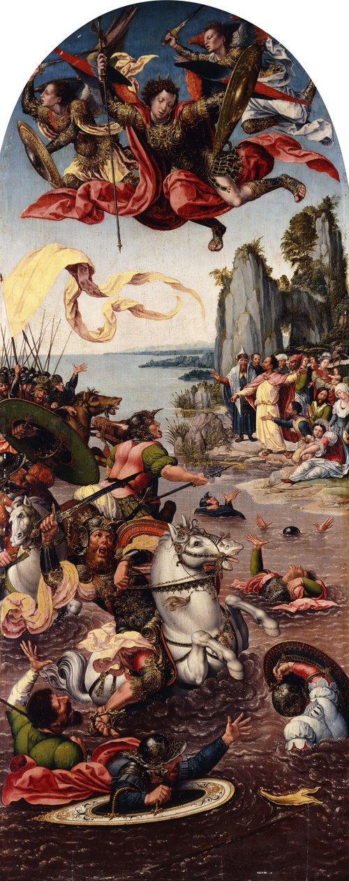 Moisés separando el Mar Rojo en presencia de San Miguel de Bernard van Orley