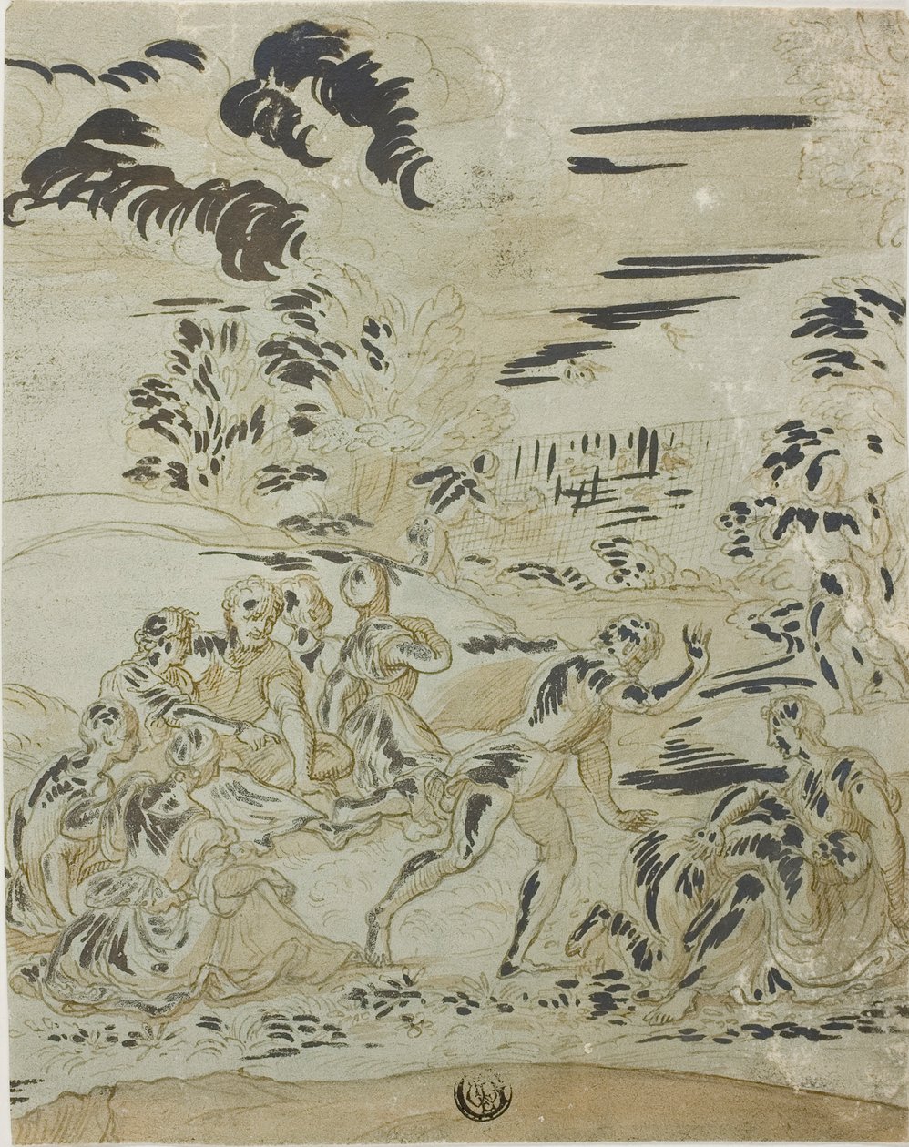 Escena pastoral: Hombres cazando aves, parejas sentadas en el suelo de Bernard van Orley