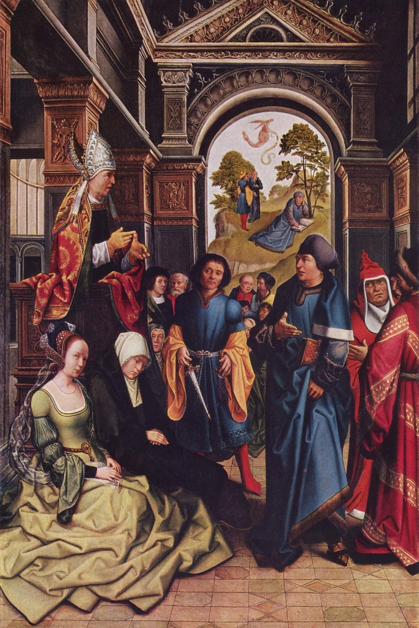 Sermón de San Ambrosio en el exterior: Dos santos obispos de pie de Bernard van Orley
