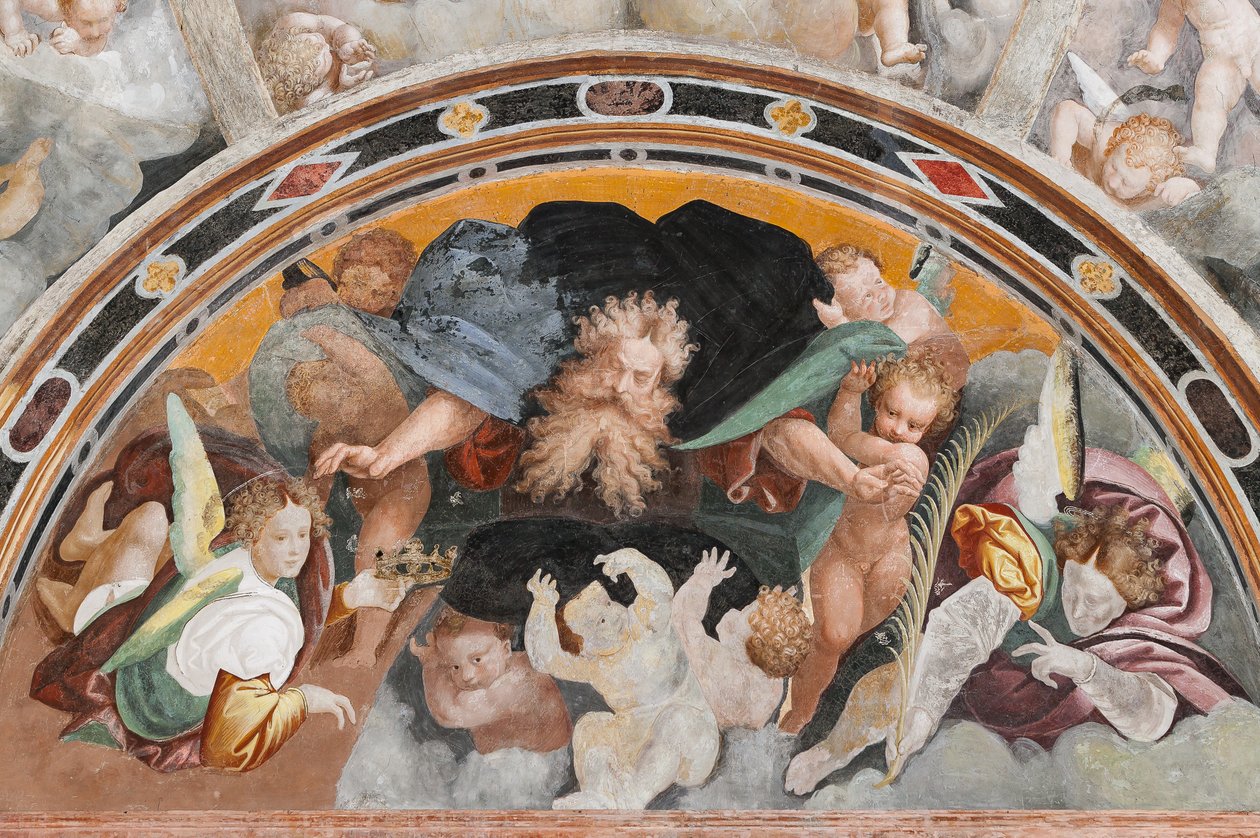Ángeles y putti, detalle de El martirio de Santa Catalina (fresco) de Bernardino Lanino