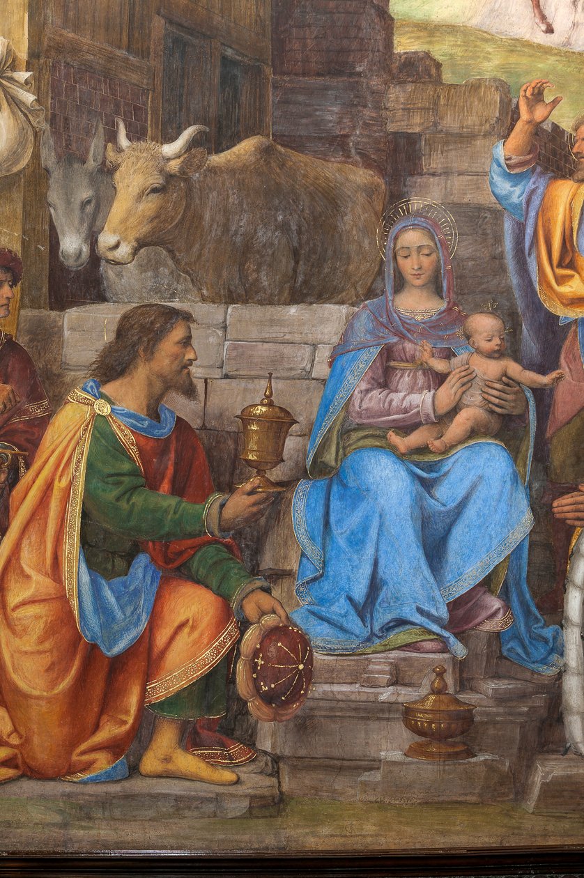 Detalle de la Adoración de los Reyes Magos, Presbiterio o Capilla Mayor (fresco) de Bernardino Luini