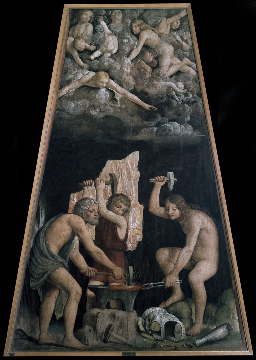 Armas divinas forjadas en la fragua de Vulcano frente a algunos ángeles acostados en las nubes, detalle (fresco). de Bernardino Luini