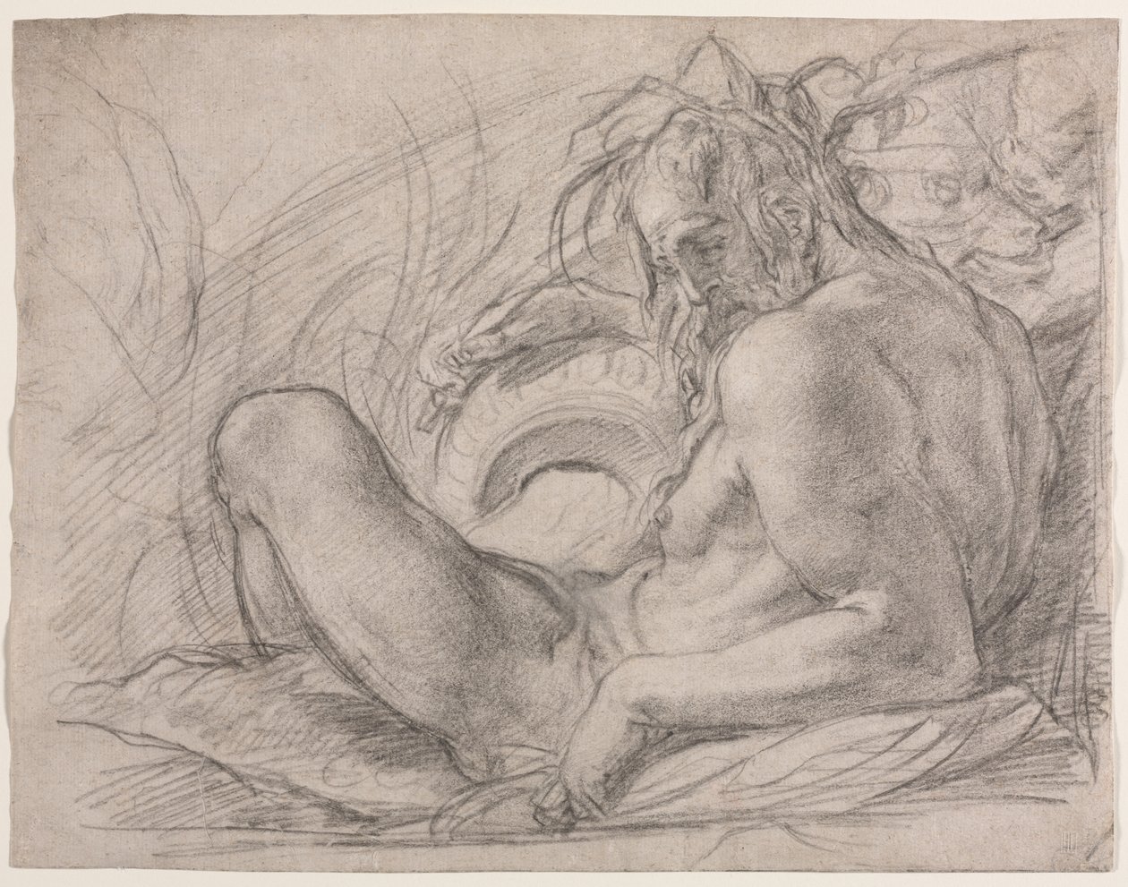 El río Dios Tíber (Estudio para un fresco, Milagro de la nieve, o la Fundación de Santa Maria Maggiore, Roma en la capilla Canigiani de S. Felicita, Florencia) de Bernardino Poccetti