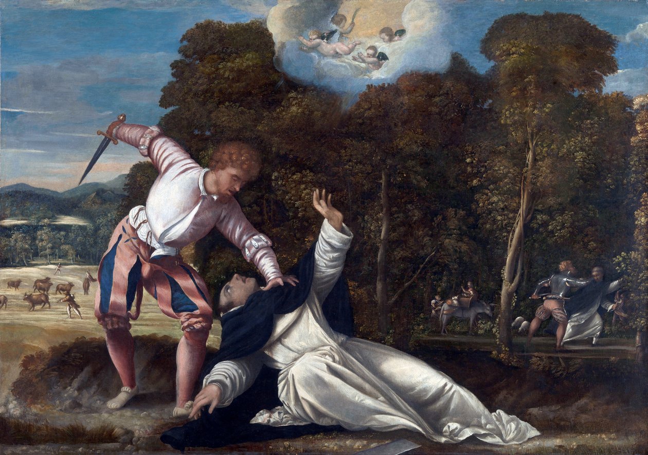 La mort de Saint Pierre de Verone - Peinture attribuee a Bernardino da Asola (actif 1525-1550), huile sur toile (102x144,8 cm), vers 1540 - (La muerte de San Pedro Mártir, Óleo sobre lienzo de Bernardino da Asola de Bernardino da Asola