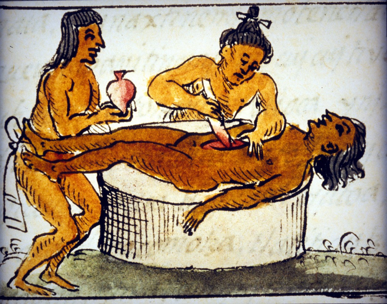 Sacrificio humano: sacrificio ritual entre los aztecas. De un manuscrito de Bernardino de Sahagún de Bernardino de Sahagun