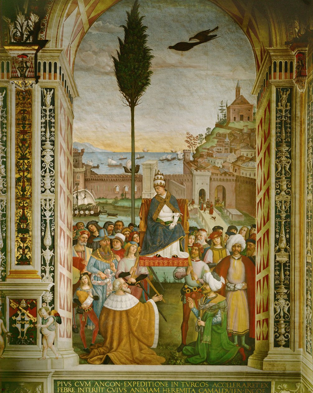 Eneas Silvio Piccolomini, el Papa Pío II en el puerto de Ancona, Italia, donde murió, mientras esperaba la reunión de los cruzados (fresco) de Bernardino di Betto Pinturicchio