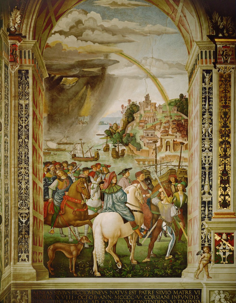 Eneas Silvio Piccolomini, secretario del cardenal Capranica, llega a Talamone de camino al Concilio de Basilea (fresco) de Bernardino di Betto Pinturicchio