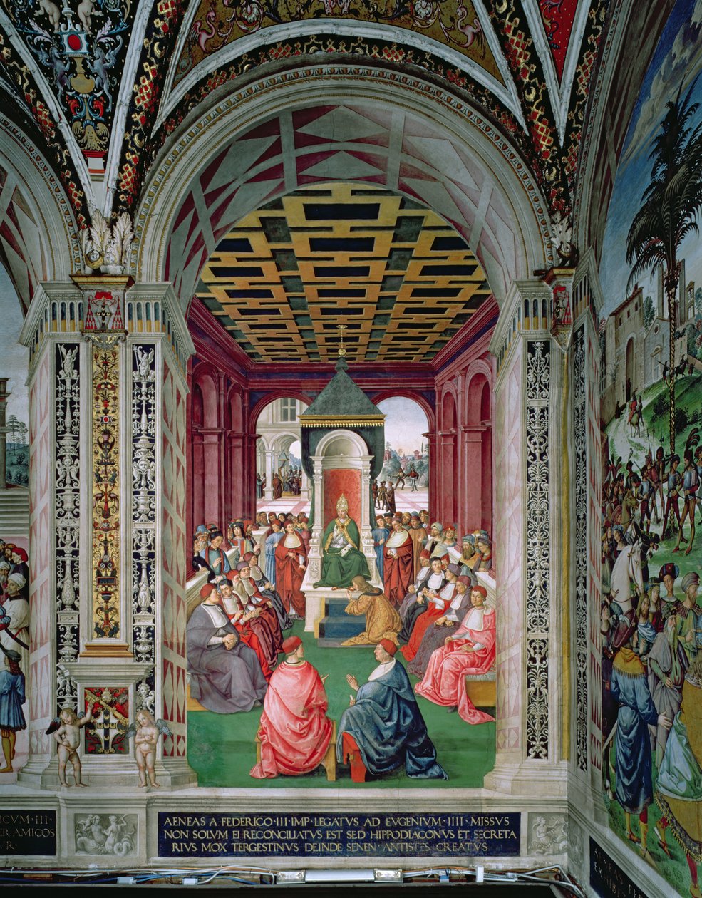 Eneas Sylvius Piccolomini (1405-64) hace un acto de sumisión al Papa Eugenio IV (1383-1447) 7 de febrero de 1447 de Bernardino di Betto Pinturicchio
