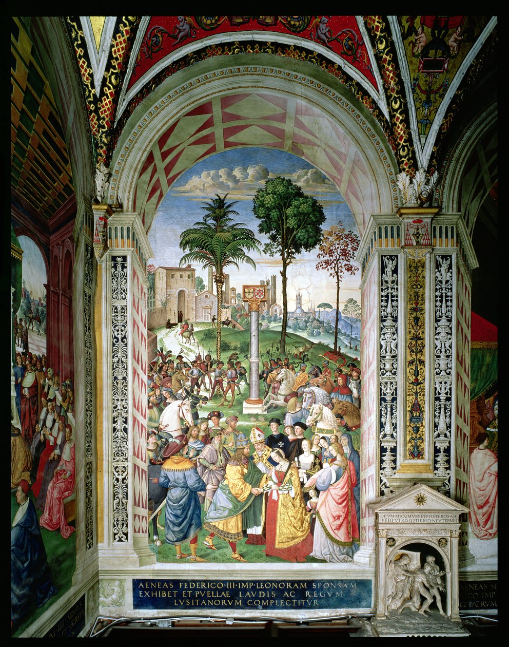 Eneas Silvio Piccolomini (1405-64) Presenta a Eleonora de Aragón a Federico III (1415-93) el 24 de febrero de 1452 (fresco) de Bernardino di Betto Pinturicchio