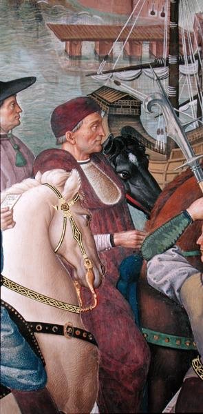 Cardenal Domenico Capranica, detalle de "Eneas Sylvius Piccolomini (1405-64) Viajes al Concilio de Basilea en el invierno de 1432". de Bernardino di Betto Pinturicchio
