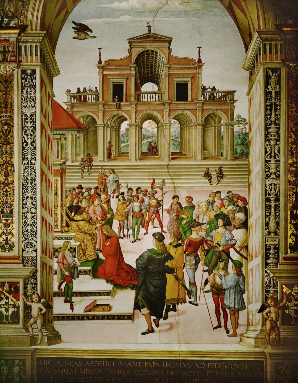 El emperador Federico III corona a Eneas Silvio Piccolomini Poeta Laureatus (fresco) de Bernardino di Betto Pinturicchio
