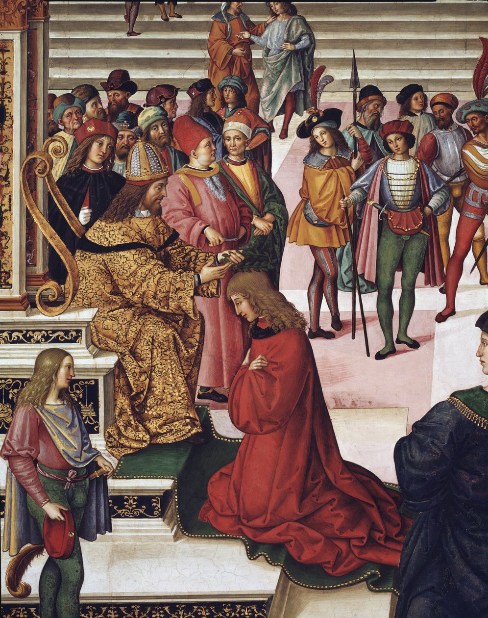 Enea Silvio Piccolomini (Pío II) coronado poeta por el emperador Federico III (detalle) de Bernardino di Betto Pinturicchio