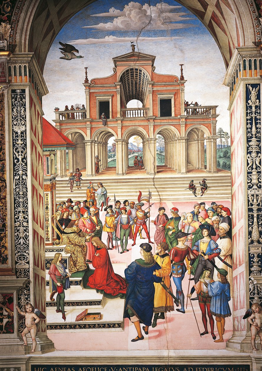 Italia, Siena, Catedral, Biblioteca Piccolomini, Enea Silvio Piccolomini siendo nombrado poeta laureado por el Emperador Federico III, (detalle) de Historias de Pío II de Bernardino di Betto Pinturicchio