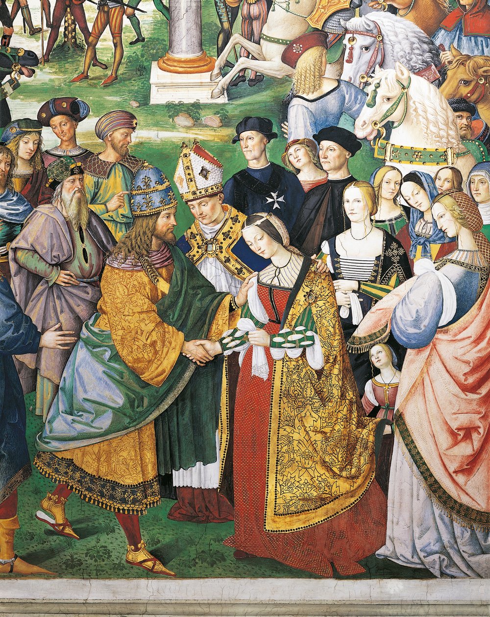 Italia, Siena, Catedral, Biblioteca Piccolomini, Enea Silvio Piccolomini, obispo de Siena asistiendo a la coronación de Federico III y Leonor de Aragón (detalle) de Bernardino di Betto Pinturicchio
