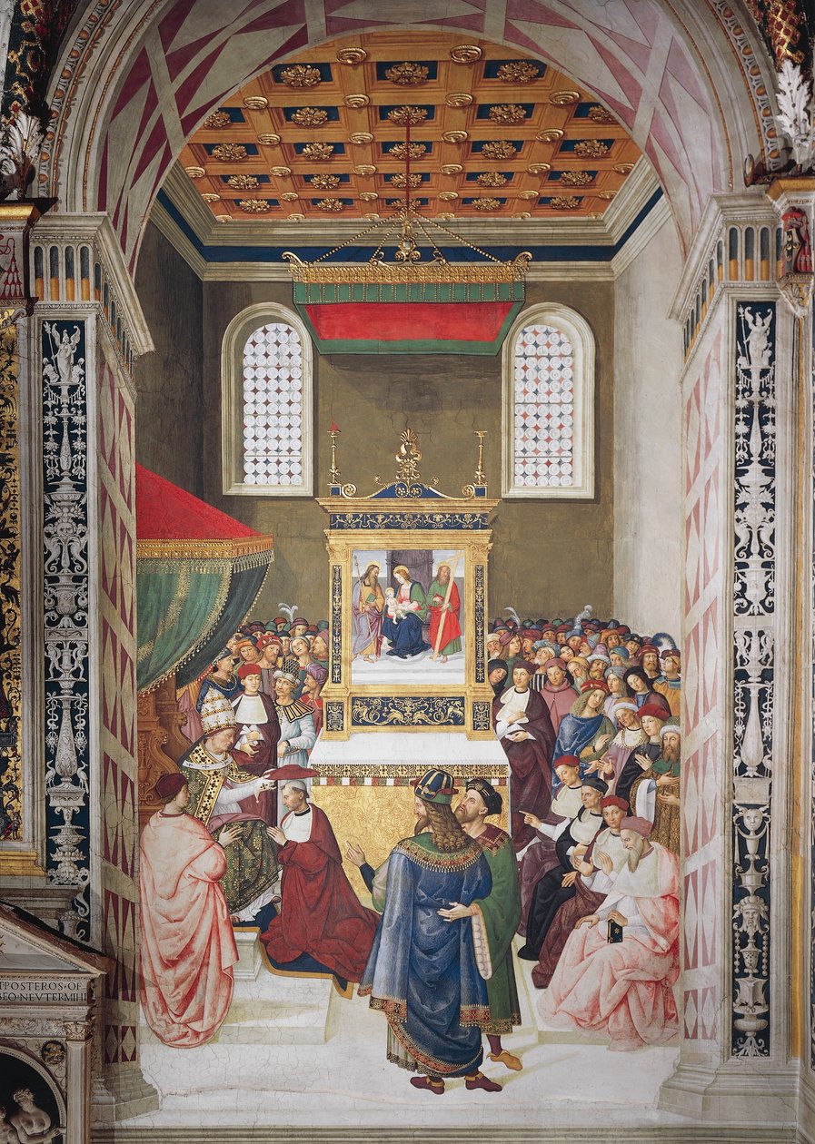 Enea Silvio Piccolomini recibiendo el sombrero de cardenal de Calixto III (detalle) de Bernardino di Betto Pinturicchio