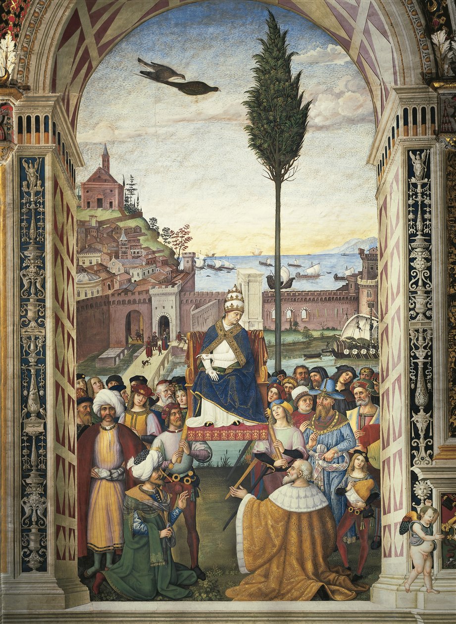Italia, Siena, Catedral, Biblioteca Piccolomini, Historias de Pío II: Pío II llega a Ancona para acelerar la Cruzada de Bernardino di Betto Pinturicchio