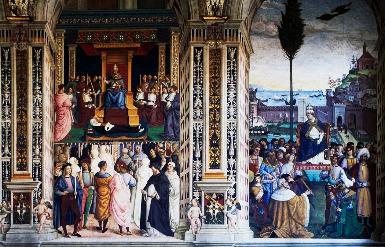 Pío II llegando a Ancona para iniciar la cruzada, fresco por Pinturicchio, Biblioteca Piccolomini, Catedral de Siena, Toscana, Italia de Bernardino di Betto Pinturicchio