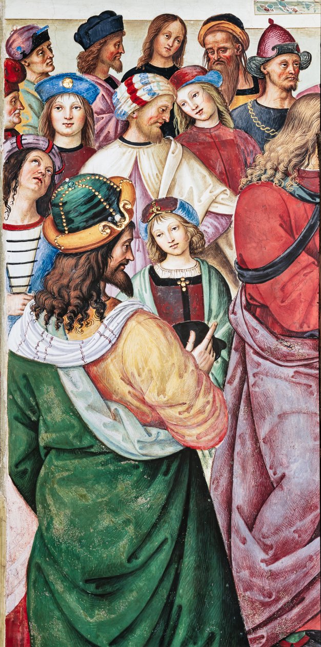 Biblioteca Piccolomini, pared noreste: "Eneas Silvio pronuncia un discurso ante el rey Jaime I de Escocia, invierno de 1435" de Bernardino di Betto Pinturicchio