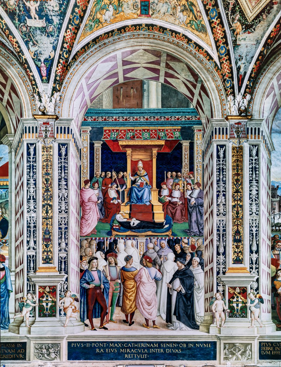 La Biblioteca Piccolomini, pared suroeste: "Pío II canoniza a Santa Catalina de Siena, 29 de junio de Bernardino di Betto Pinturicchio