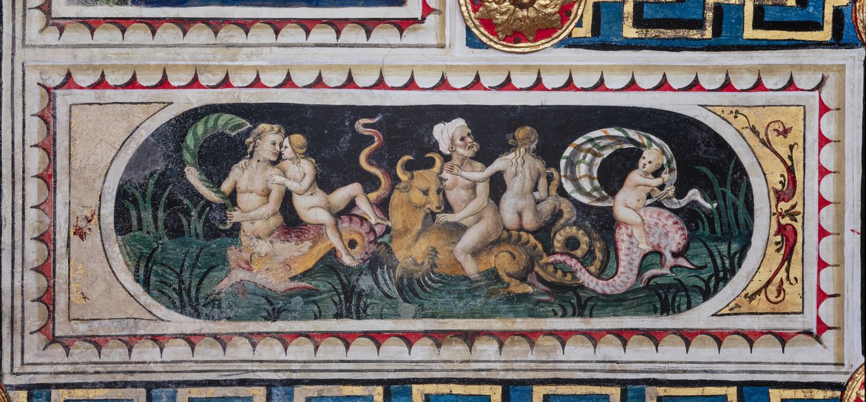 La Biblioteca Piccolomini, el techo: panel más pequeño con escena de thiasus marítimos (tritones, putto y una nereida), fresco de Bernardino di Betto, conocido como Pinturicchio. de Bernardino di Betto Pinturicchio