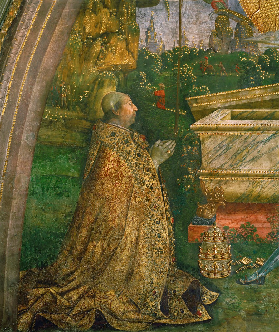 La Resurrección. El Papa Alejandro VI Borgia arrodillado ante un sarcófago vacío (mur painting) de Bernardino di Betto Pinturicchio