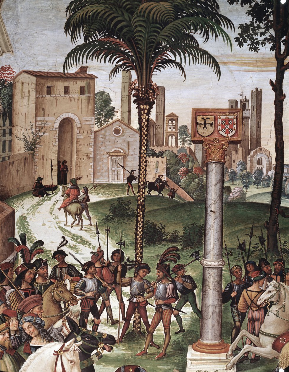 El obispo Eneas Silvio Piccolomini (Pío II) presenta a Eleonora de Aragón al Emperador Federico III del Sacro Imperio (detalle) de Bernardino di Betto Pinturicchio