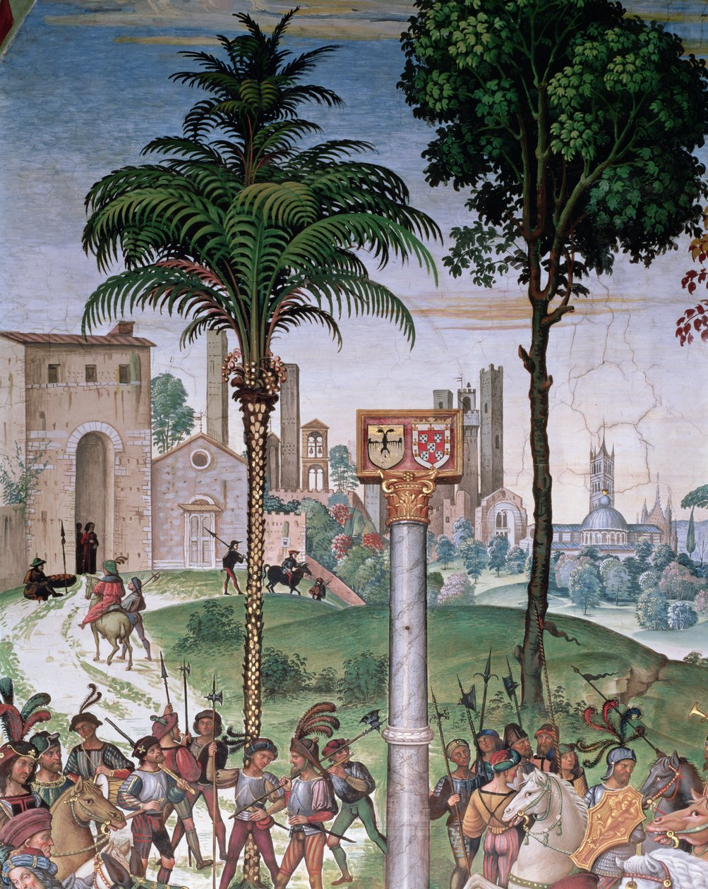 Vista de Siena con la Catedral y Porta Camollia, detalle de "Aeneas Sylvius Presents Eleonora of Aragon to Frederick III, 24th February 1452 de Bernardino di Betto Pinturicchio
