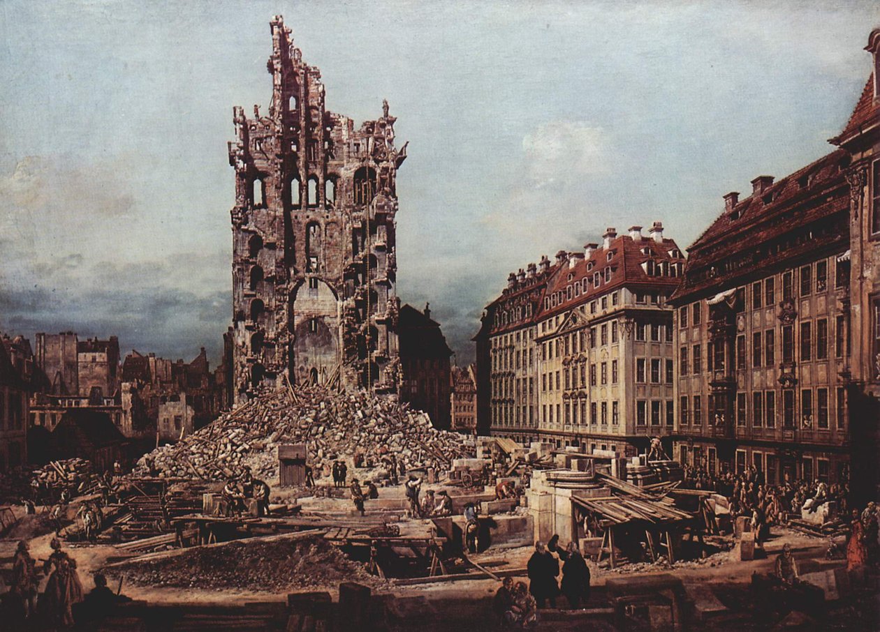 Las ruinas de la antigua Kreuzkirche, Dresde de Bernardo Bellotto