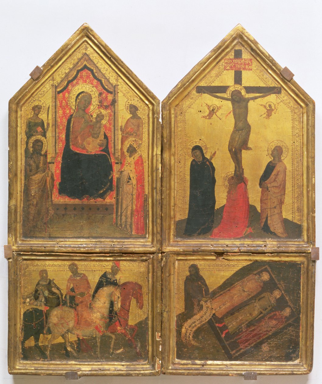 Madonna y Niño con Santos, la Crucifixión y la Leyenda de los Tres Vivos y los Tres Muertos de Bernardo Daddi