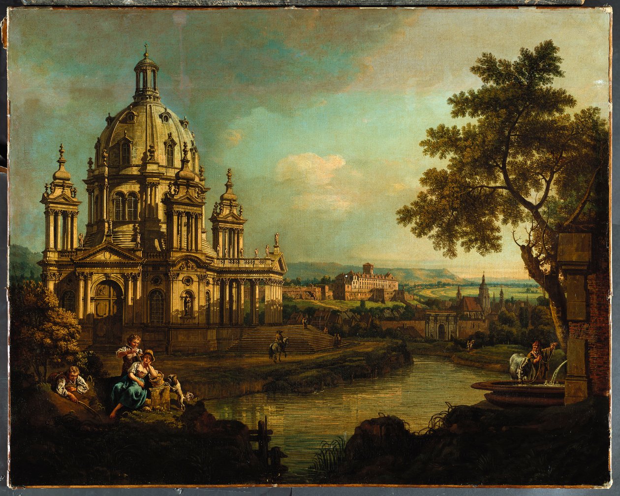 Un capricho con una iglesia con cúpula y edificios en Pirna, c.1765 de Bernardo Bellotto