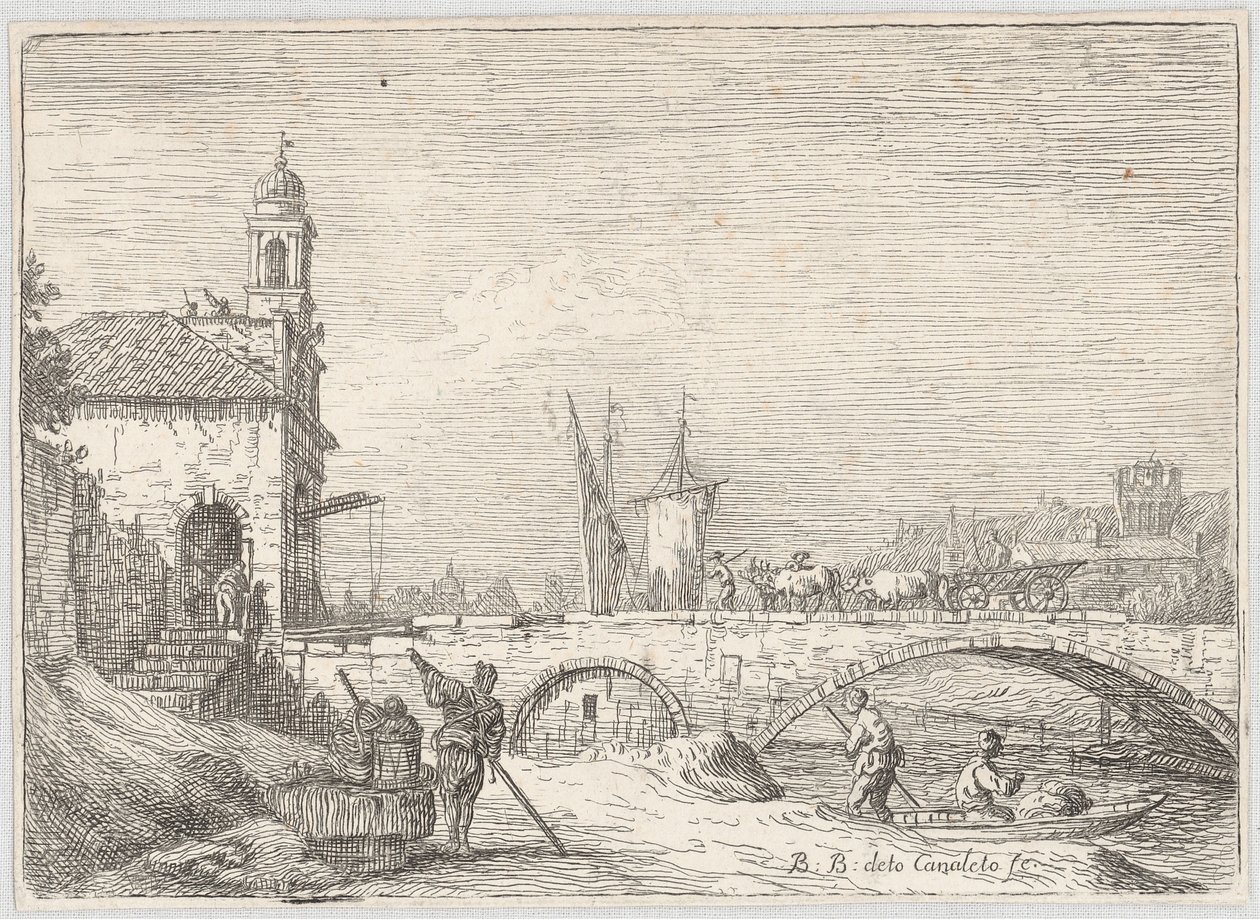 Capriccio con un puente y una puerta al estilo de la Porta Portello de Padua de Bernardo Bellotto