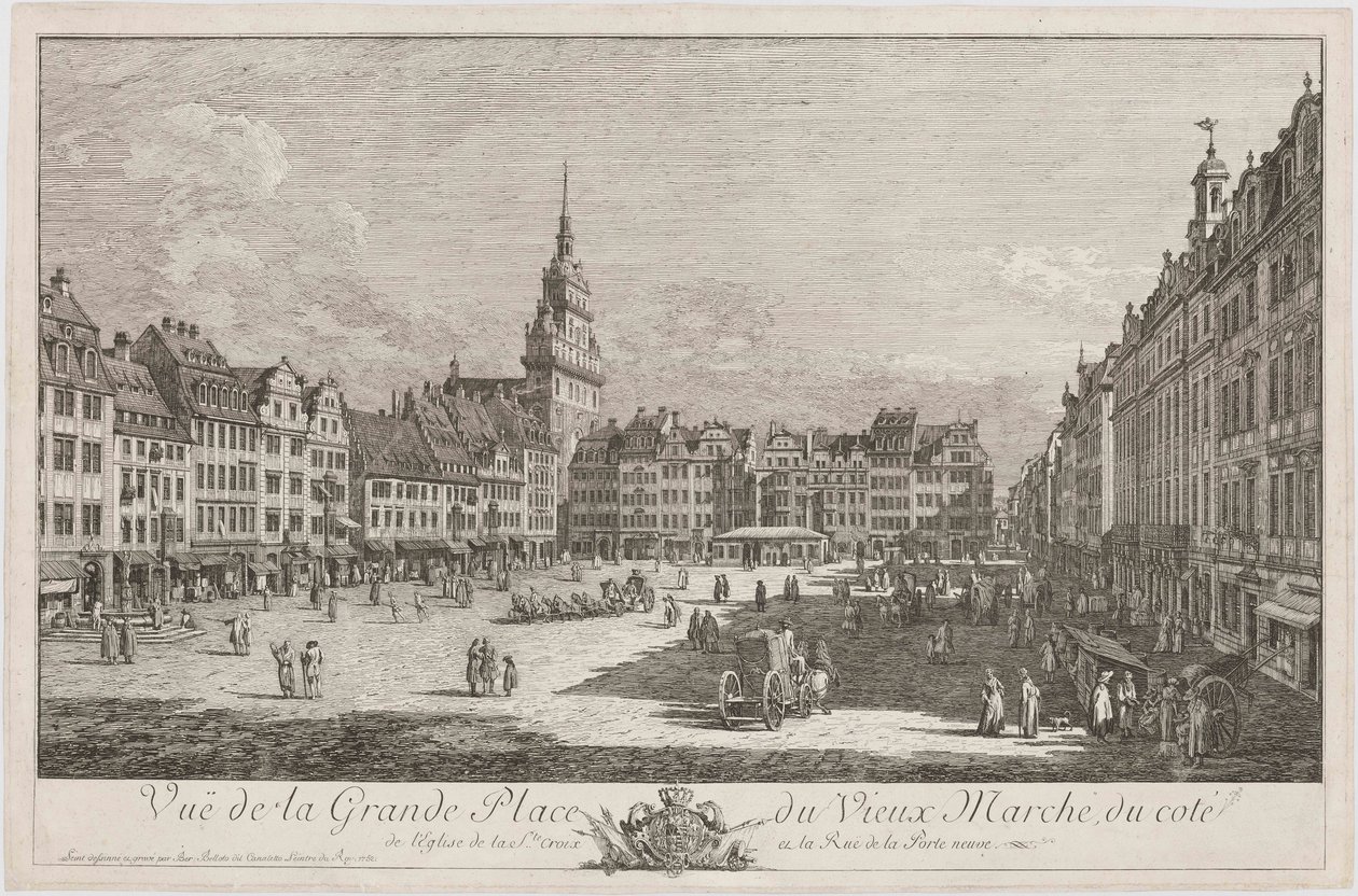 El Altmarkt de Dresde visto desde la Schlossstrasse, lámina de la serie «Dresdner Veduten» de Bernardo Bellotto