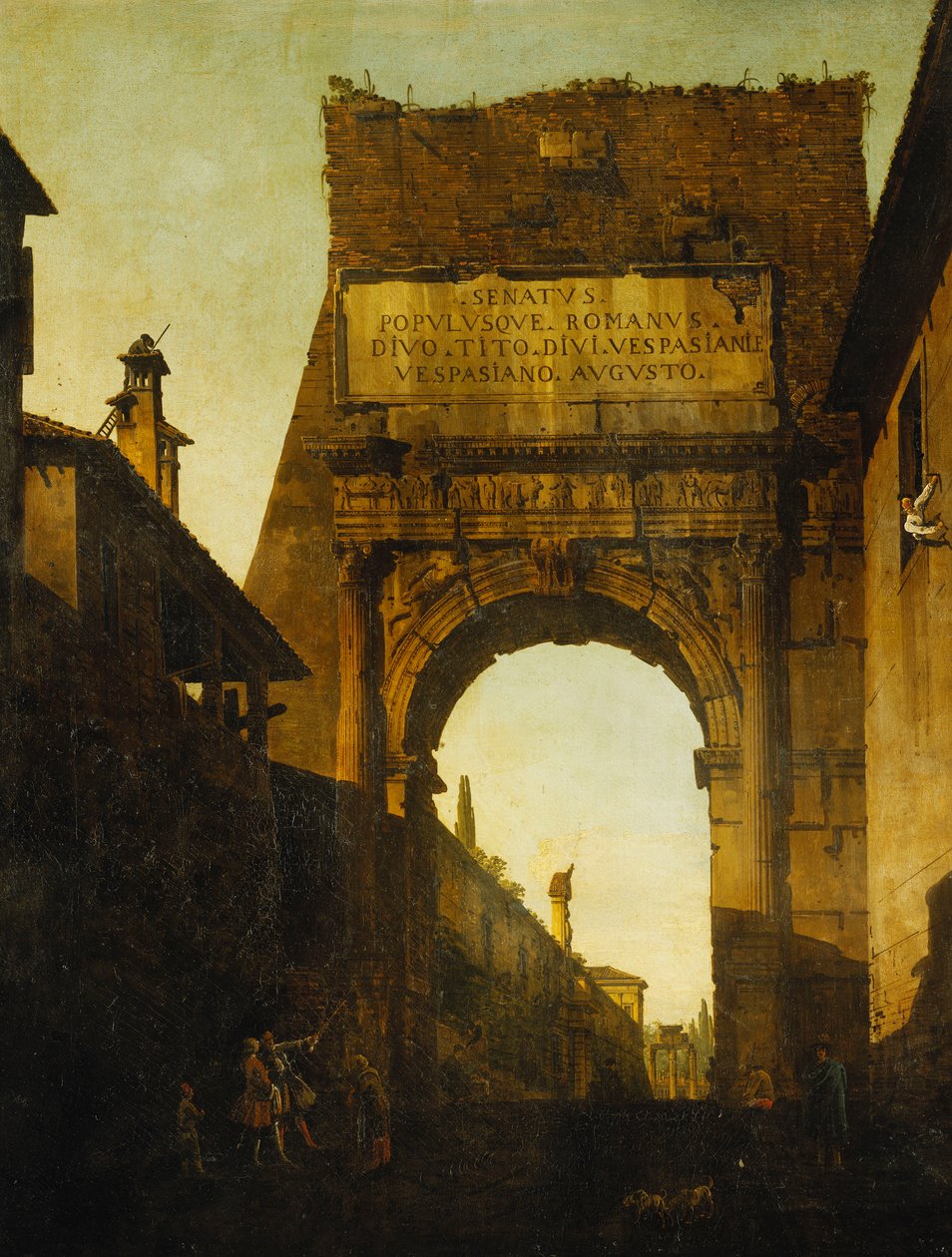 El Arco de Tito, Roma, con la Muralla y la Puerta de los Jardines Farnese y el Templo de Cástor y Pólux al fondo, dos turistas en primer plano de Bernardo Bellotto