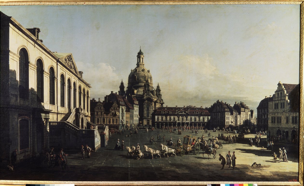 ""Vista de la Plaza del Mercado Nuevo de Dresden"" (Neumarkt de Dresden) Podemos ver la Iglesia de Nuestra Señora (Notre-Dame) (Frauenkirche) Pintura de Bernardo Bellotto (1720-1780) 1747 Dim. 134x236 cm Museo de la 