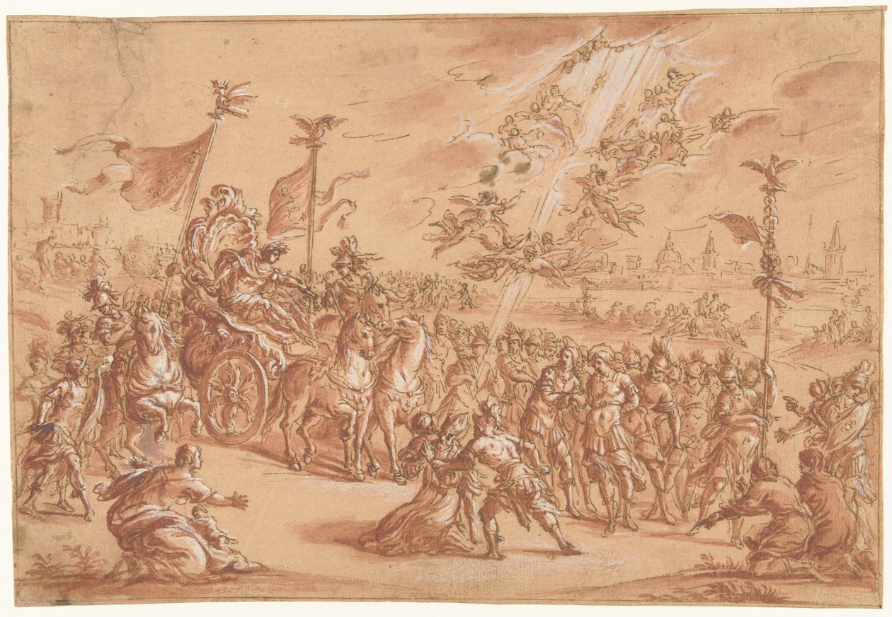 Un santo obispo se arrodilla junto a la procesión de un imperator romano de Bernardo Castello (attributed to)