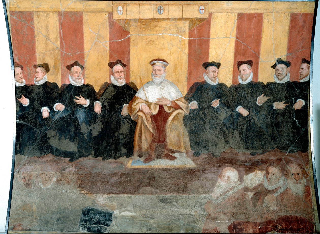 El Dogo de Génova Giacomo Durazzo Grimaldi (circa 1503-1579) rodeado de senadores. Fresco de Bernardo Castello (1557-1629) siglo XVI Génova, Museo di Sant 