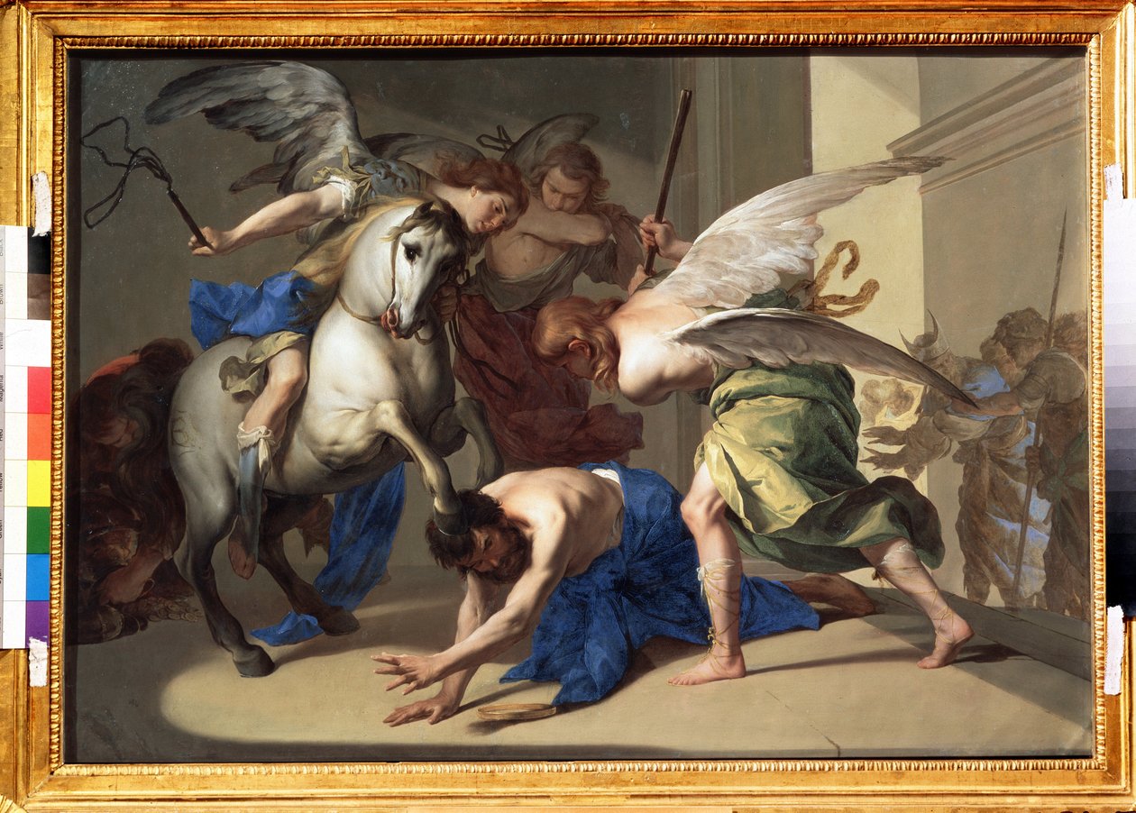 "La expulsión de Heliodoro del templo" Heliodoro (Heliodoros) es expulsado del templo por haber intentado, a instancias de su gobernante, apoderarse de los tesoros del templo de Jerusalén. Pintura de Bernardo Cavallino de Bernardo Cavallino