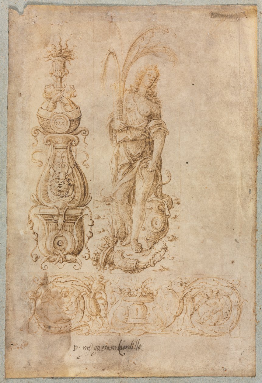 Diseño para un Candelabro, Figura Alegórica de la Abundancia, Diseño de Relieve Ornamental, c. 1490s de Bernardo Parentino