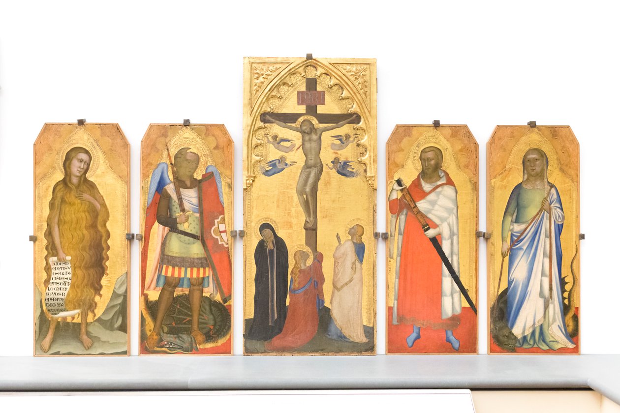Crucifixión con plañideras y María Magdalena al pie de la Cruz de Bernardo & Simone Puccio di (fl.1345 65) Daddi